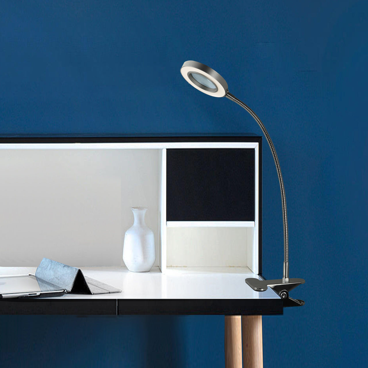 Estelle Flexible LED Desk Light with Magnifier, Silver, Adjustable Desktop Lamp with Dimmable Brightness, Home, Office or Hobby Collecting Use, Strong Quick Clip Base Desk Lamps Canyon Home 