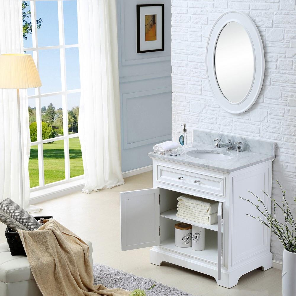 Derby 30" Solid White Single Sink Vanity With Matching Framed Mirror And Faucet Vanity Water Creation 