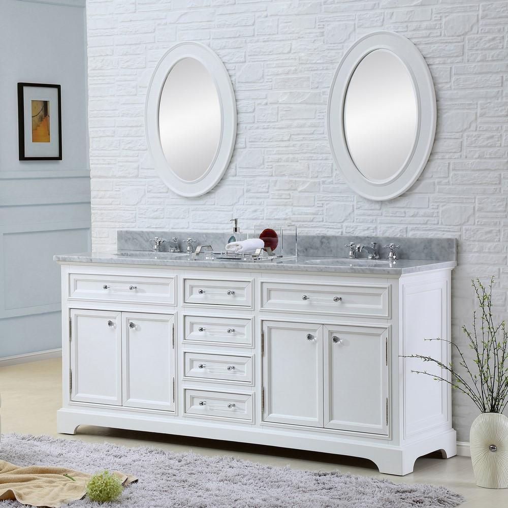Derby 60" Solid White Double Sink Vanity With Framed Mirrors And Faucets Vanity Water Creation 