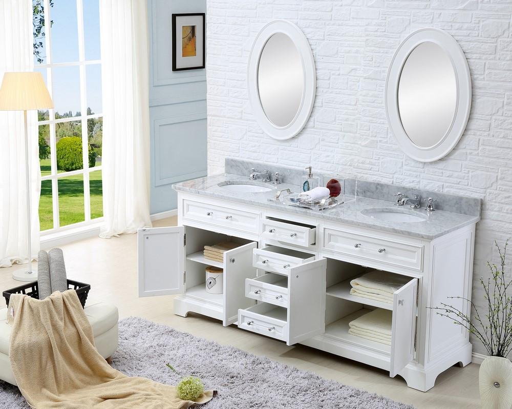 Derby 60" Solid White Double Sink Vanity With Framed Mirrors And Faucets Vanity Water Creation 