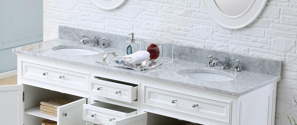 Derby 72" Solid White Double Sink Vanity With Framed Mirrors And Faucets Vanity Water Creation 