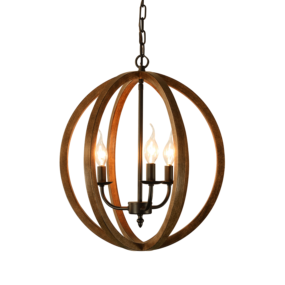Karlis Rustic Globe Chandelier Light (3-Bulb) Round, Contemporary Steel Design with Wood Pattern Finish | Classic Home, Entryway, and Foyer Décor Chandeliers Canyon Home 