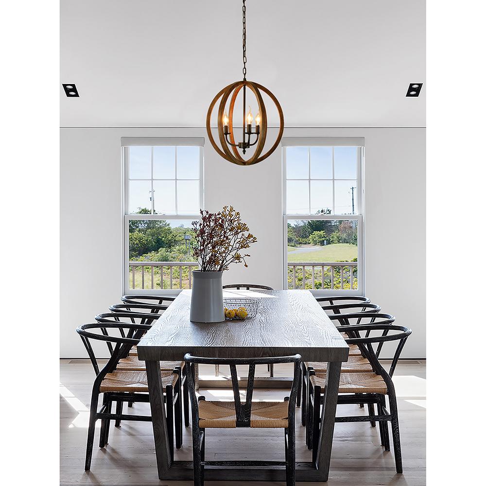 Karlis Rustic Globe Chandelier Light (3-Bulb) Round, Contemporary Steel Design with Wood Pattern Finish | Classic Home, Entryway, and Foyer Décor Chandeliers Canyon Home 