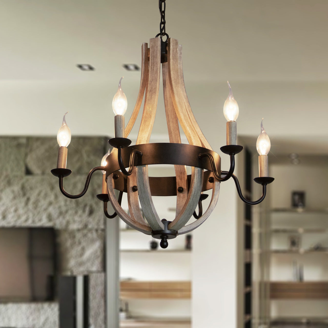 Denali 6 Light Chandelier Tear Drop (Circled) Steel Frame with Wooden Pattern | Dining Room, Entryway, and Decorative Foyer Home Décor Chandeliers Canyon Home 