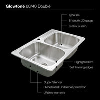 Thumbnail for Houzer Glowtone Series Topmount Stainless Steel 1-hole 60/40 Double Bowl Kitchen Sink Kitchen Sink - Top Mount Houzer 