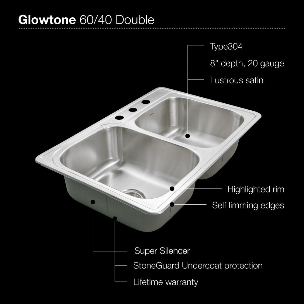 Houzer Glowtone Series Topmount Stainless Steel 3-hole 60/40 Double Bowl Kitchen Sink Kitchen Sink - Top Mount Houzer 