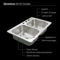 Thumbnail for Houzer Glowtone Series Topmount Stainless Steel 3-hole 60/40 Double Bowl Kitchen Sink Kitchen Sink - Top Mount Houzer 