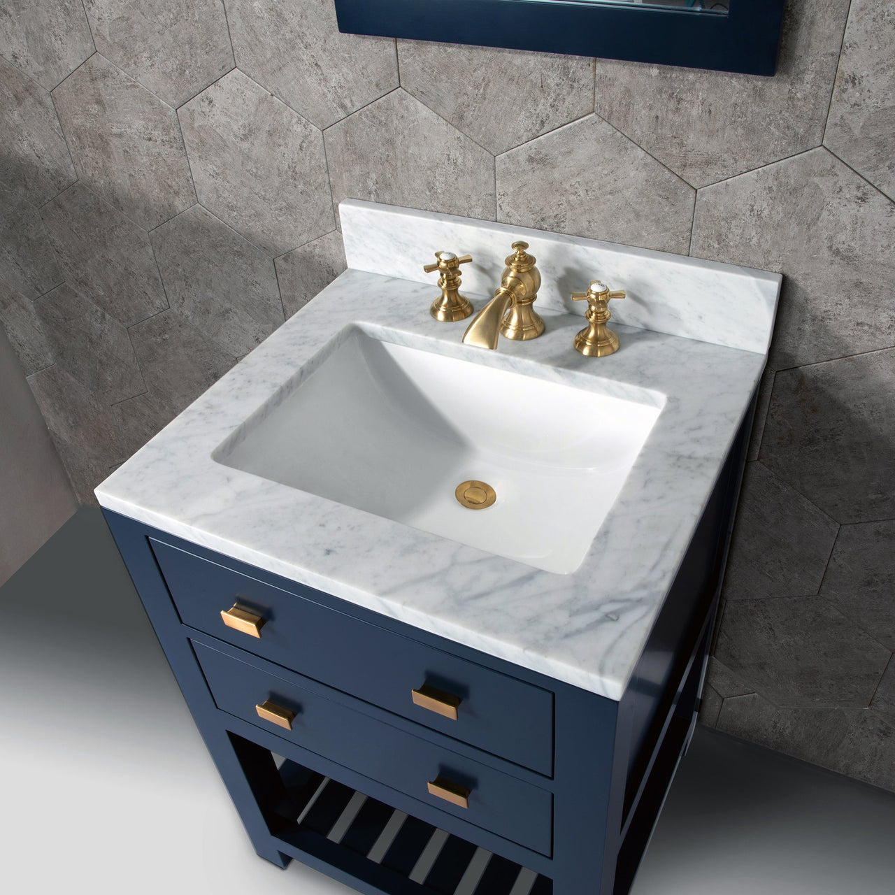 24 Inch Monarch Blue Single Sink Bathroom Vanity With F2-0013 Satin Brass Faucet From The Madalyn Collection Vanity Water Creation 