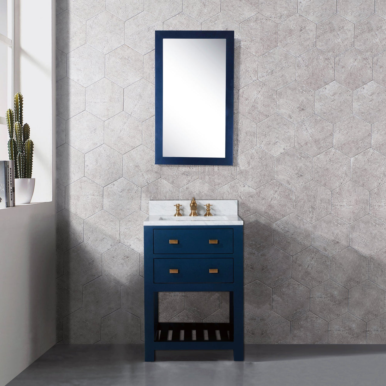 24 Inch Monarch Blue Single Sink Bathroom Vanity With F2-0013 Satin Brass Faucet And Mirror From The Madalyn Collection Vanity Water Creation 