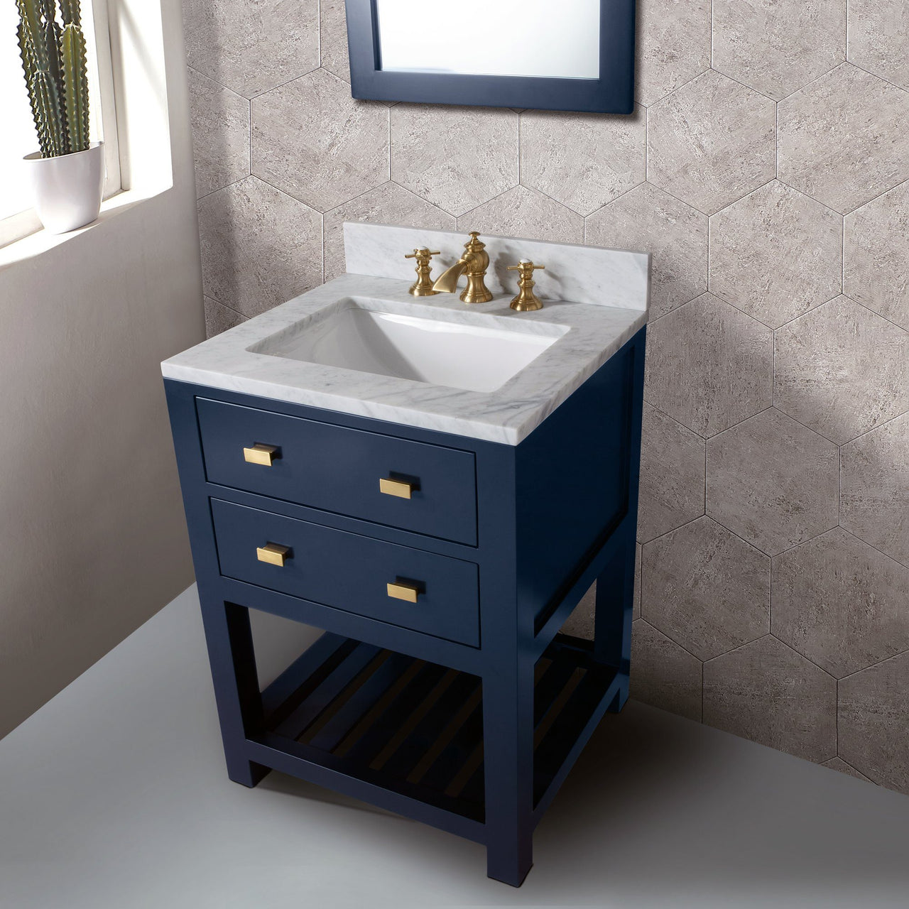 24 Inch Monarch Blue Single Sink Bathroom Vanity With F2-0013 Satin Brass Faucet From The Madalyn Collection Vanity Water Creation 