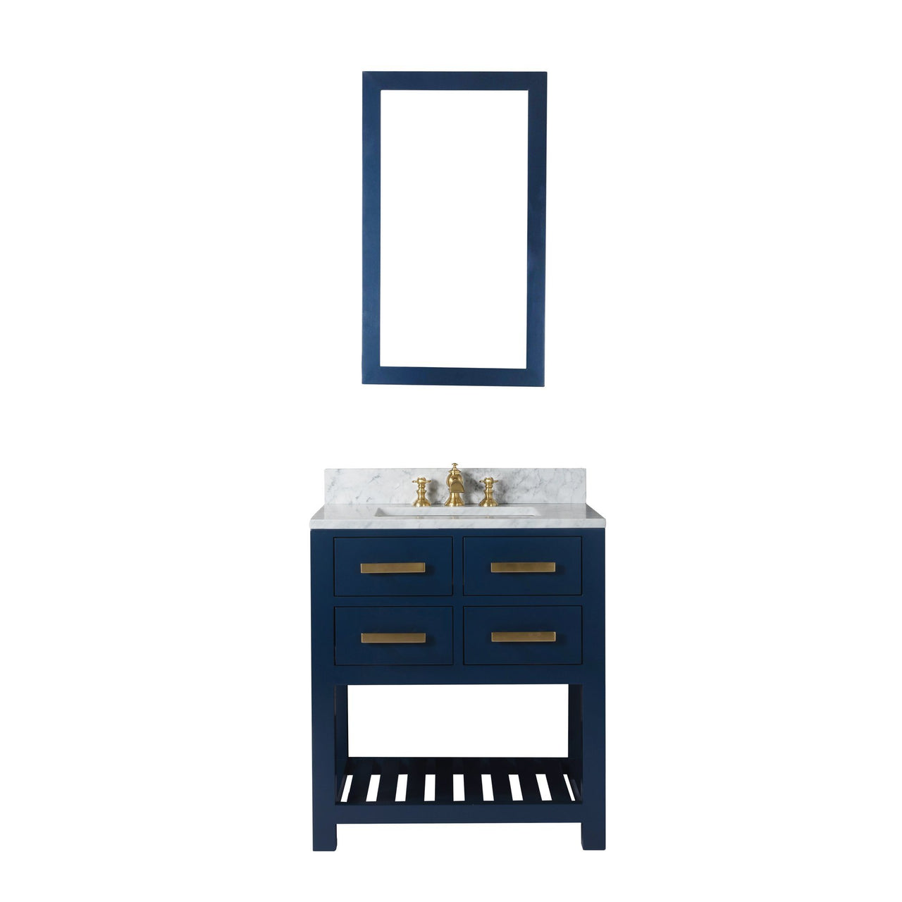 30 Inch Monarch Blue Single Sink Bathroom Vanity With F2-0013 Satin Brass Faucet And Mirror From The Madalyn Collection Vanity Water Creation 