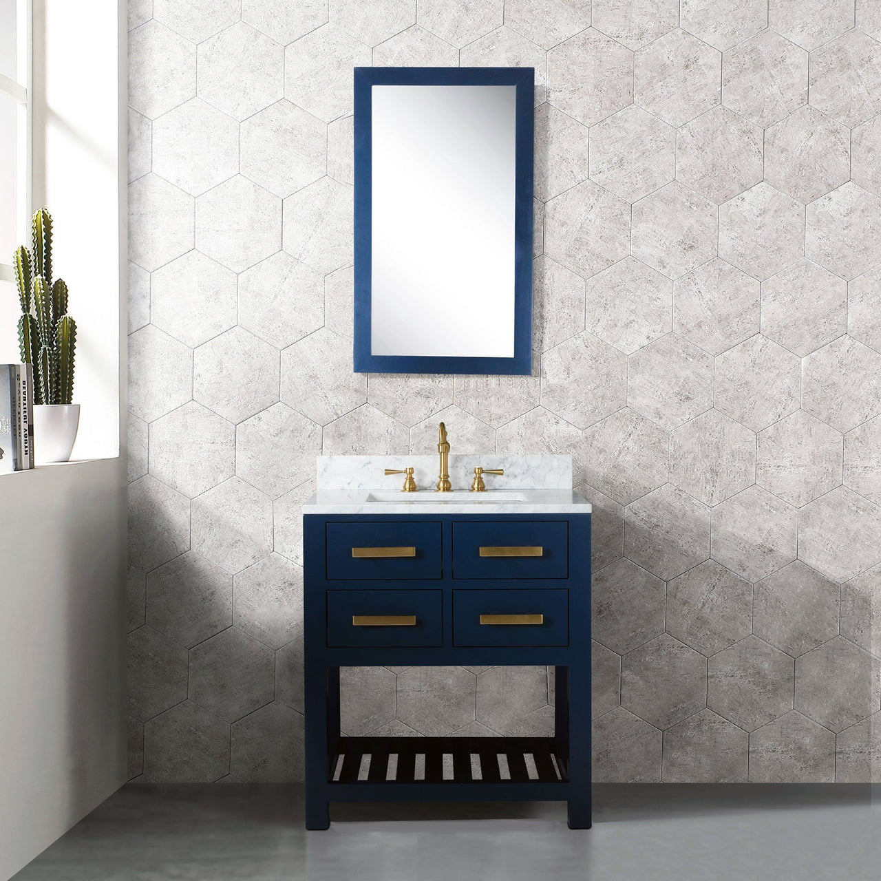 24 Inch Monarch Blue Single Sink Bathroom Vanity With F2-0012 Satin Brass Faucet And Mirror From The Madalyn Collection Vanity Water Creation 