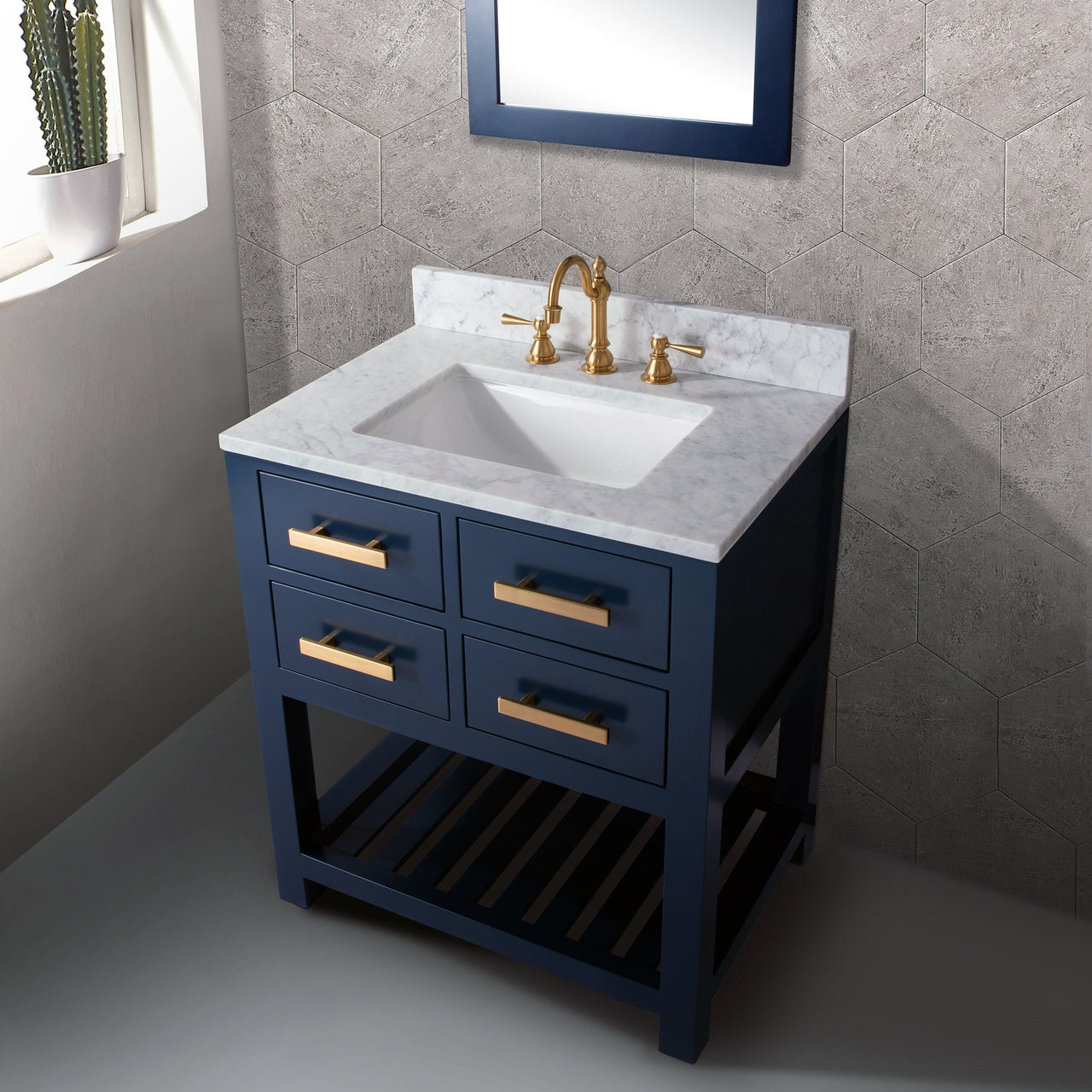 24 Inch Monarch Blue Single Sink Bathroom Vanity With F2-0013 Satin Brass Faucet From The Madalyn Collection Vanity Water Creation 
