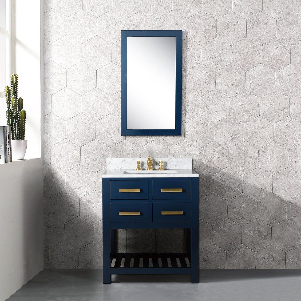 24 Inch Monarch Blue Single Sink Bathroom Vanity With F2-0012 Satin Brass Faucet And Mirror From The Madalyn Collection Vanity Water Creation 