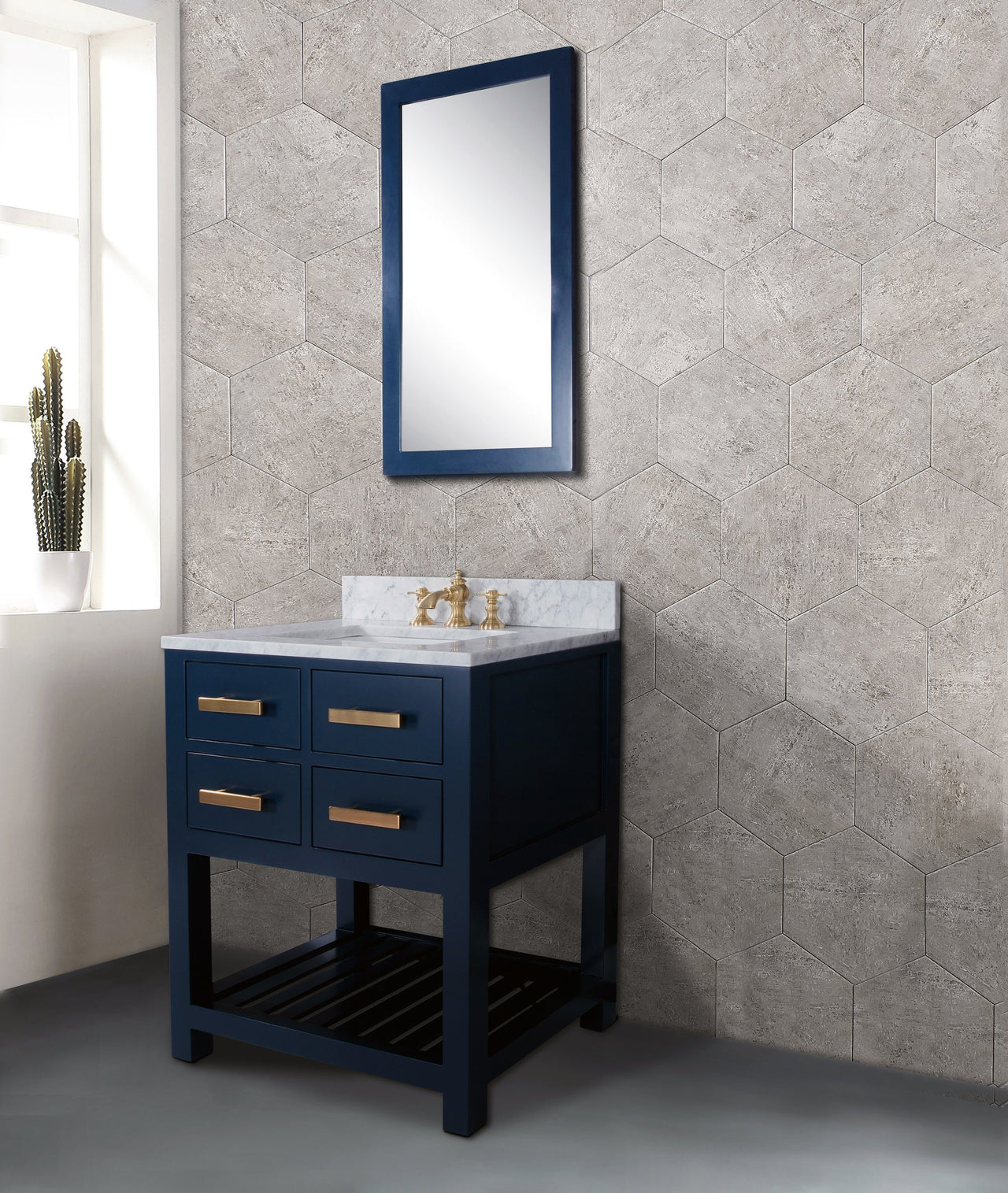 30 Inch Monarch Blue Single Sink Bathroom Vanity With F2-0013 Satin Brass Faucet And Mirror From The Madalyn Collection Vanity Water Creation 