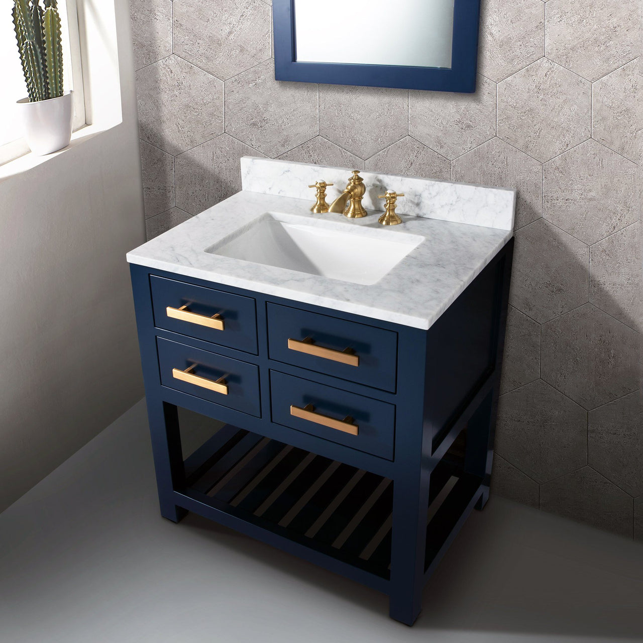30 Inch Monarch Blue Single Sink Bathroom Vanity With F2-0013 Satin Brass Faucet And Mirror From The Madalyn Collection Vanity Water Creation 