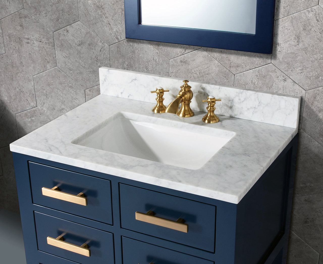 30 Inch Monarch Blue Single Sink Bathroom Vanity With F2-0013 Satin Brass Faucet And Mirror From The Madalyn Collection Vanity Water Creation 