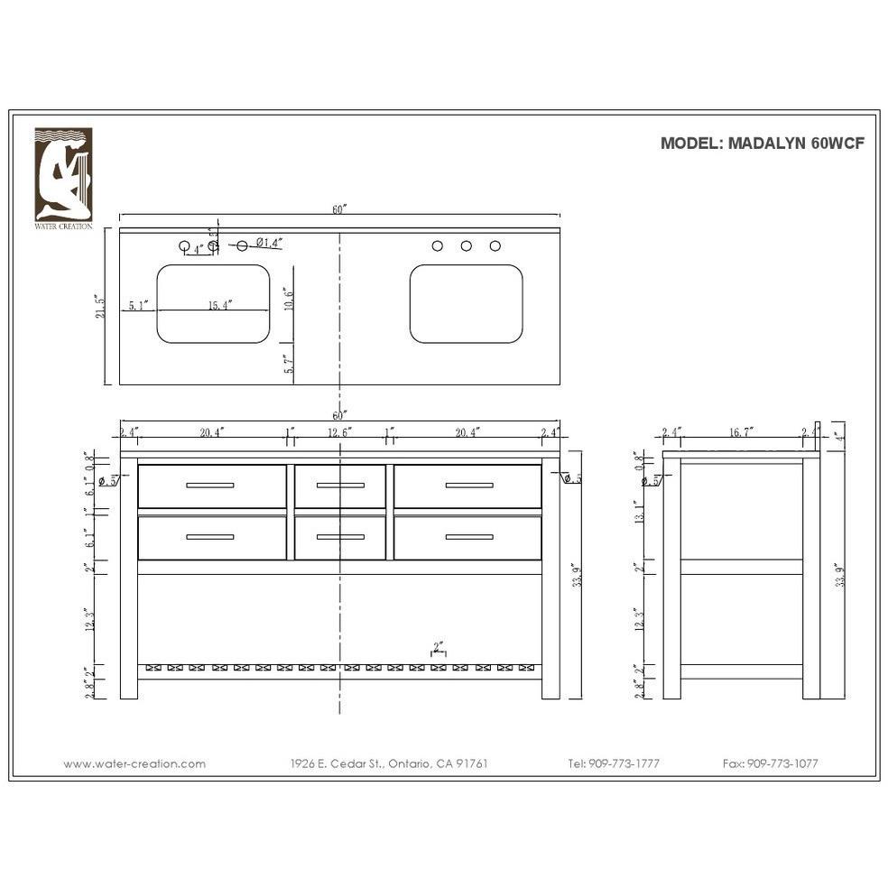 Madalyn 60" Solid White Double Sink Vanity With 2 Framed Mirrors And Faucets Vanity Water Creation 