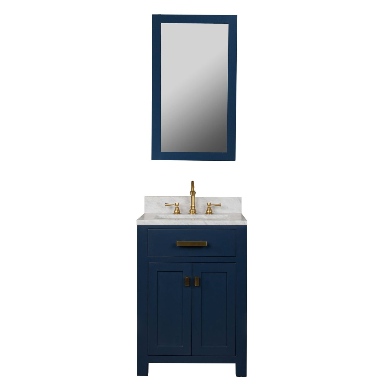 Madison 24-Inch Single Sink Carrara White Marble Vanity In Monarch Blue With Matching Mirror and F2-0012-06-TL Lavatory Faucet Vanity Water Creation 