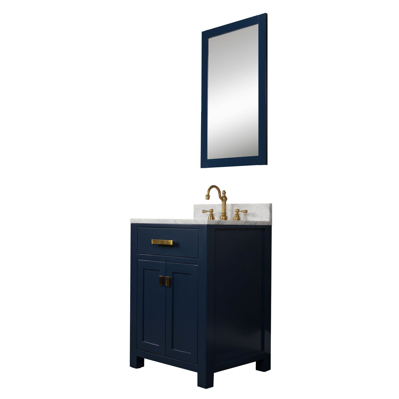 Madison 24-Inch Single Sink Carrara White Marble Vanity In Monarch Blue With Matching Mirror and F2-0012-06-TL Lavatory Faucet Vanity Water Creation 