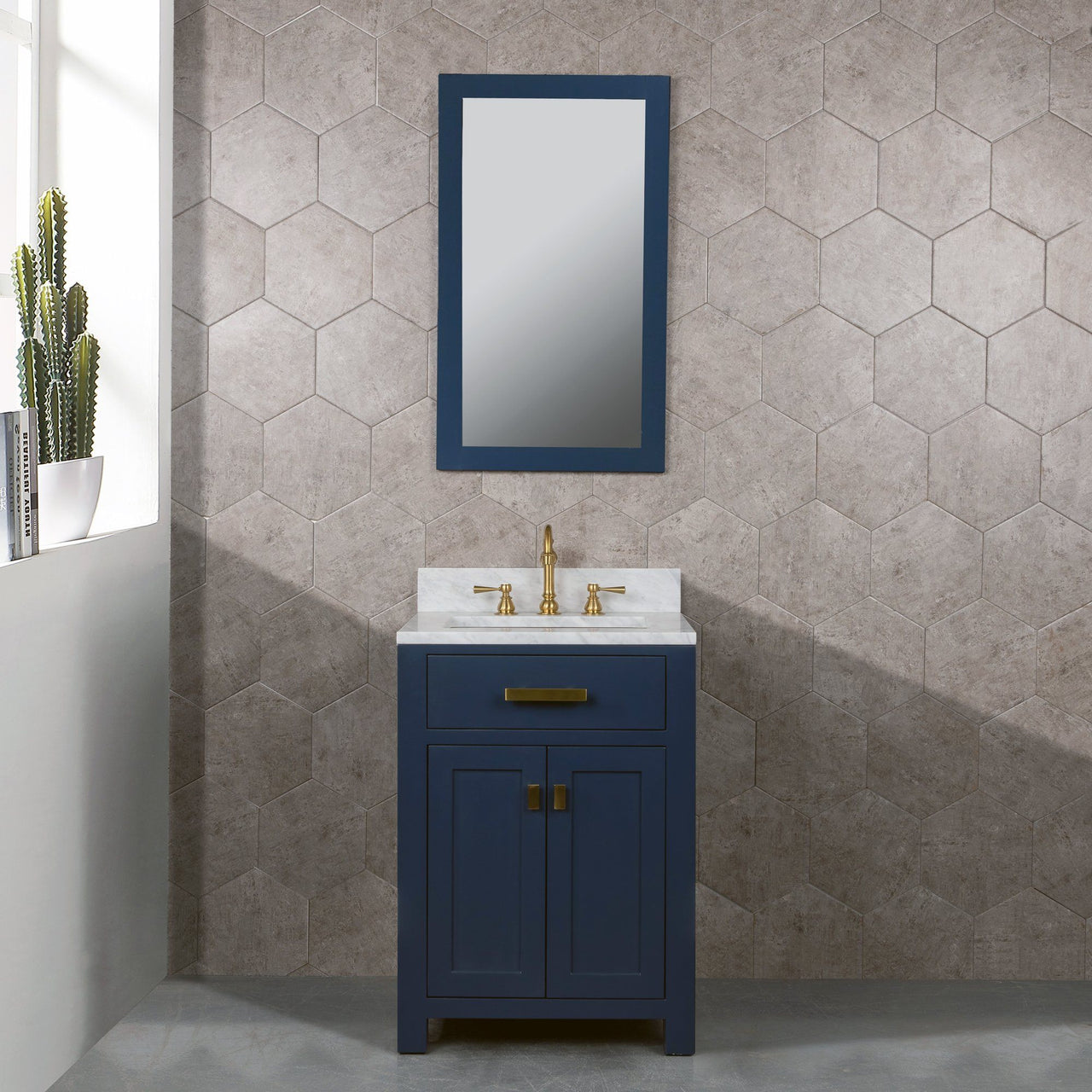 Madison 24-Inch Single Sink Carrara White Marble Vanity In Monarch Blue With Matching Mirror and F2-0012-06-TL Lavatory Faucet Vanity Water Creation 
