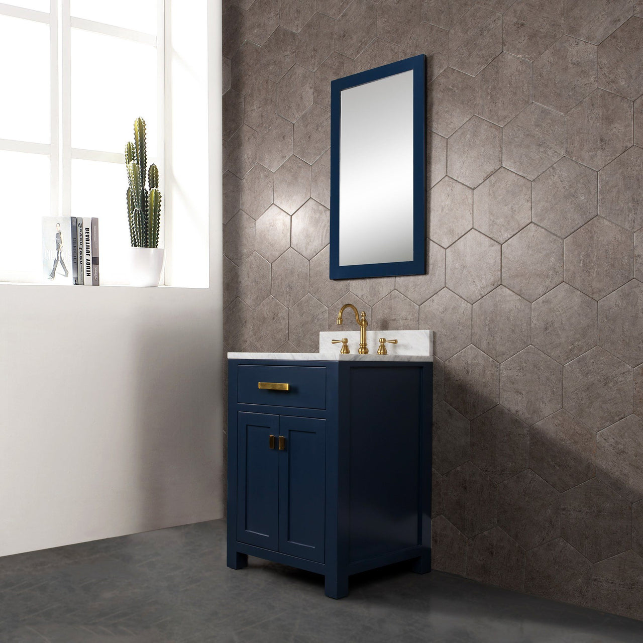 Madison 24-Inch Single Sink Carrara White Marble Vanity In Monarch Blue Vanity Water Creation 