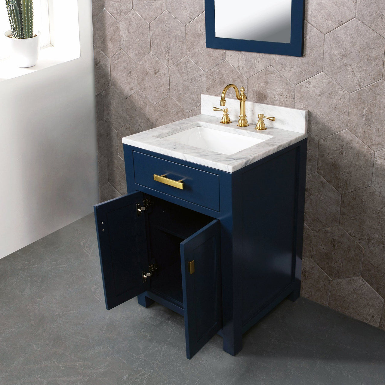 Madison 24-Inch Single Sink Carrara White Marble Vanity In Monarch Blue With Matching Mirror Vanity Water Creation 