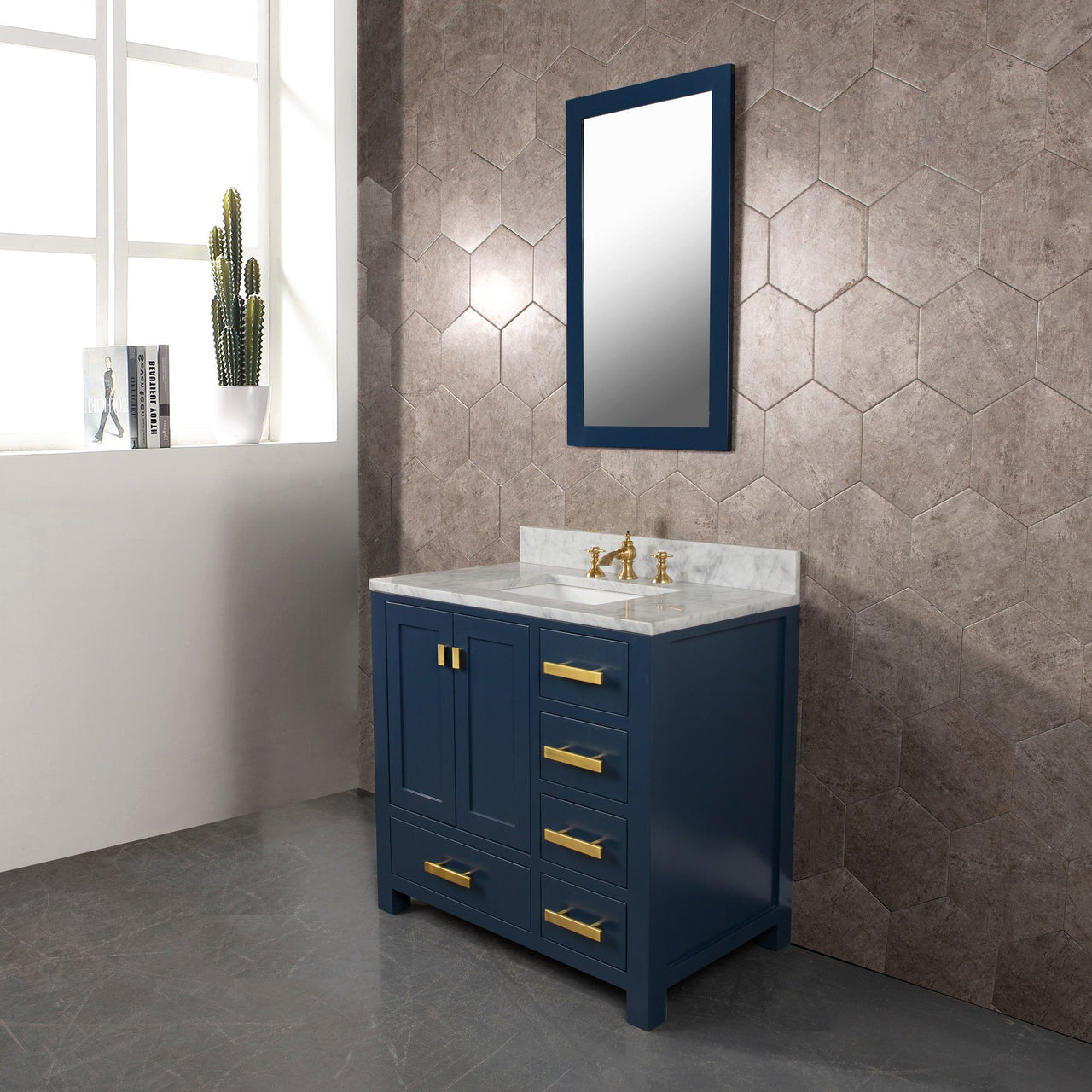 Madison 36-Inch Single Sink Carrara White Marble Vanity In Monarch Blue With Matching Mirror and F2-0013-06-FX Lavatory Faucet Vanity Water Creation 