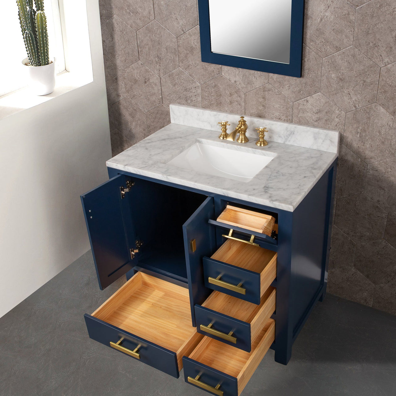 Madison 36-Inch Single Sink Carrara White Marble Vanity In Monarch Blue With Matching Mirror and F2-0013-06-FX Lavatory Faucet Vanity Water Creation 