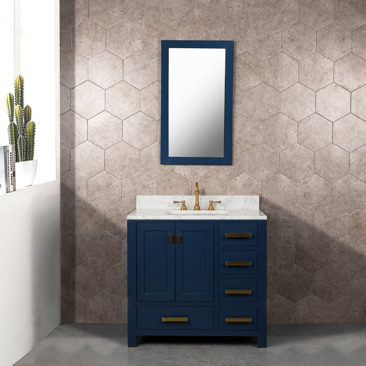 Madison 36-Inch Single Sink Carrara White Marble Vanity In Monarch Blue With Matching Mirror and F2-0012-06-TL Lavatory Faucet Vanity Water Creation 