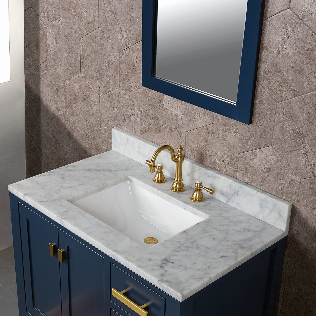 Madison 36-Inch Single Sink Carrara White Marble Vanity In Monarch Blue With Matching Mirror and F2-0012-06-TL Lavatory Faucet Vanity Water Creation 