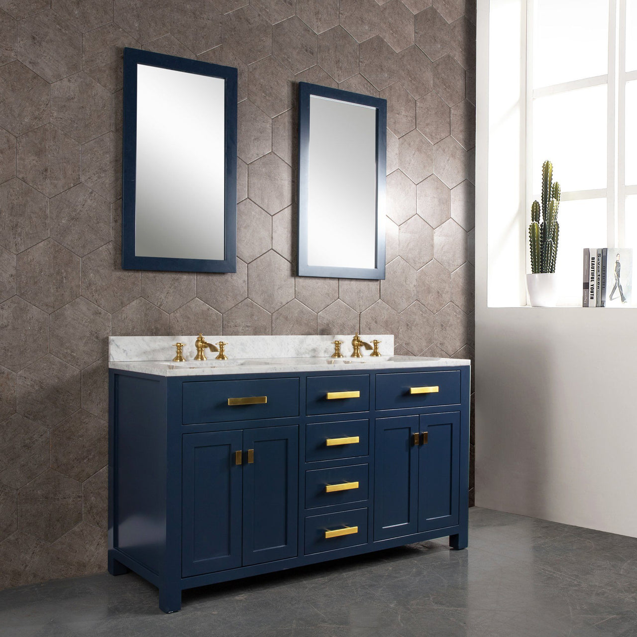 Madison 60-Inch Double Sink Carrara White Marble Vanity In Monarch BlueWith F2-0013-06-FX Lavatory Faucet(s) Vanity Water Creation 