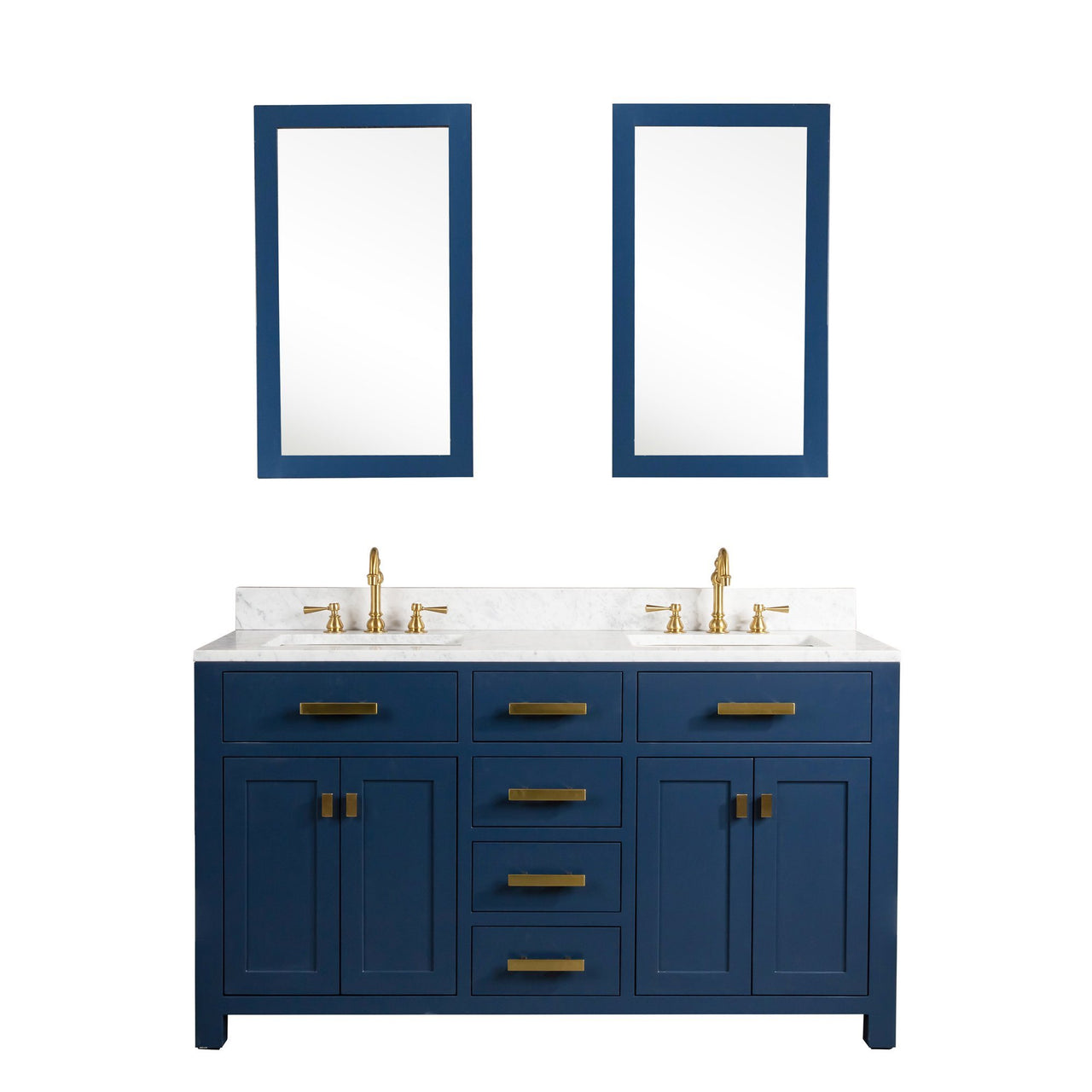 Madison 60-Inch Double Sink Carrara White Marble Vanity In Monarch BlueWith F2-0012-06-TL Lavatory Faucet(s) Vanity Water Creation 