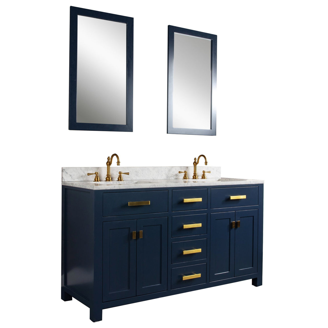 Madison 60-Inch Double Sink Carrara White Marble Vanity In Monarch BlueWith Matching Mirror(s) and F2-0012-06-TL Lavatory Faucet(s) Vanity Water Creation 