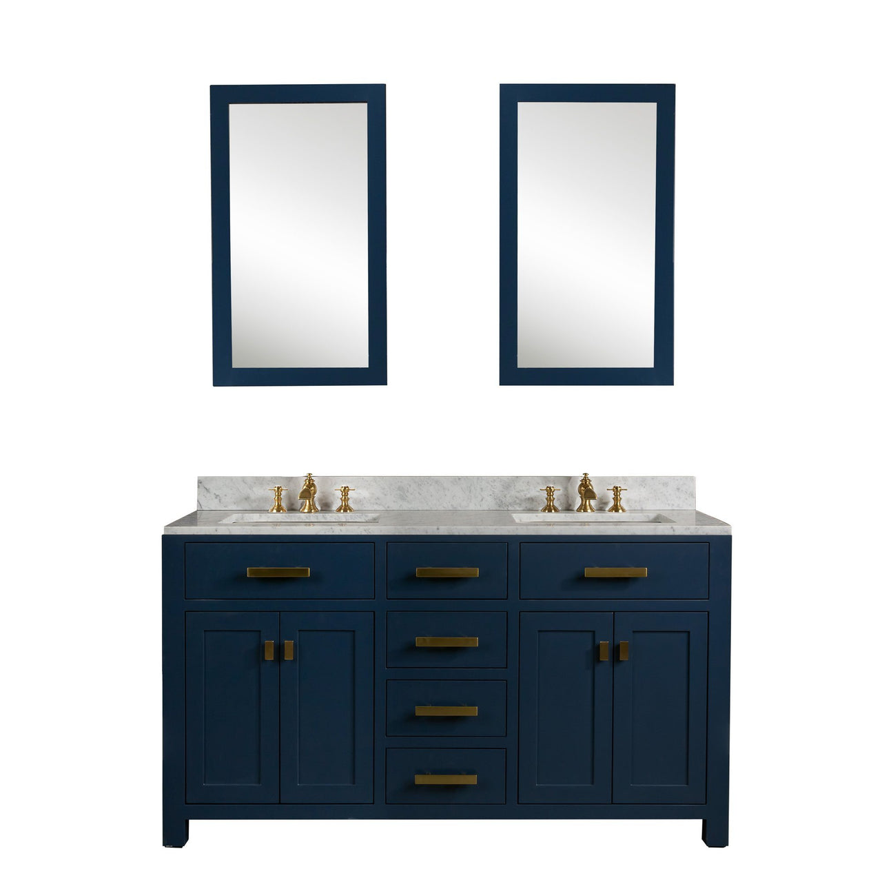 Madison 60-Inch Double Sink Carrara White Marble Vanity In Monarch BlueWith F2-0013-06-FX Lavatory Faucet(s) Vanity Water Creation 