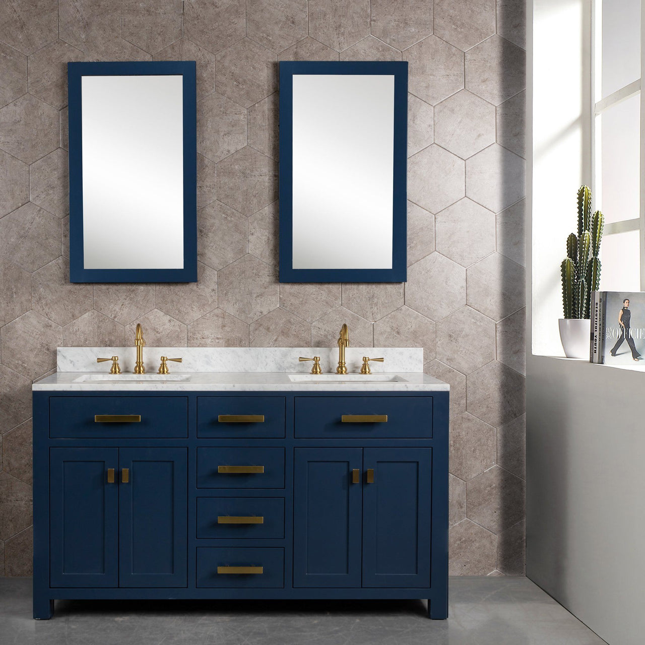 Madison 60-Inch Double Sink Carrara White Marble Vanity In Monarch BlueWith Matching Mirror(s) and F2-0012-06-TL Lavatory Faucet(s) Vanity Water Creation 