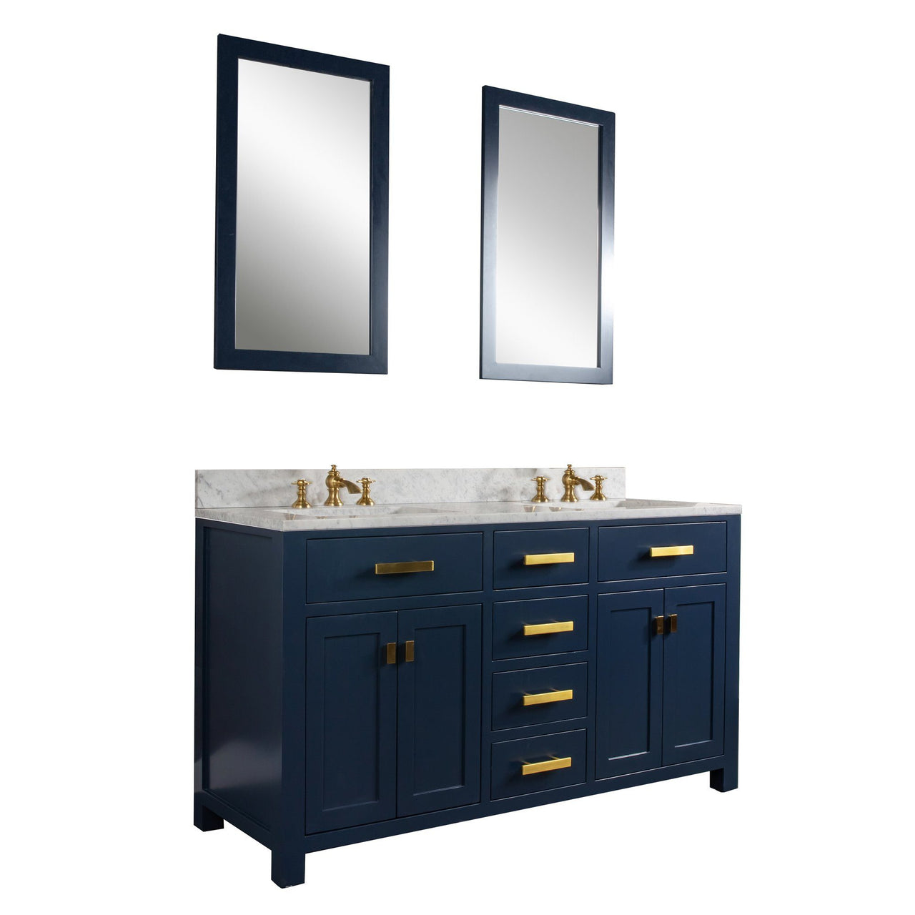 Madison 60-Inch Double Sink Carrara White Marble Vanity In Monarch BlueWith Matching Mirror(s) and F2-0013-06-FX Lavatory Faucet(s) Vanity Water Creation 