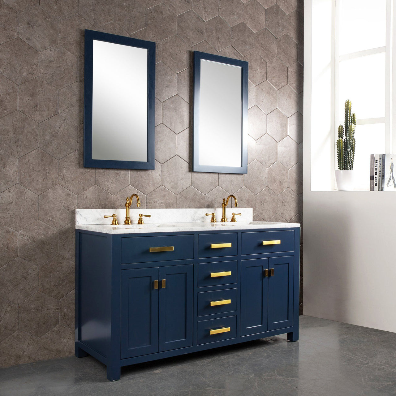 Madison 60-Inch Double Sink Carrara White Marble Vanity In Monarch BlueWith Matching Mirror(s) Vanity Water Creation 