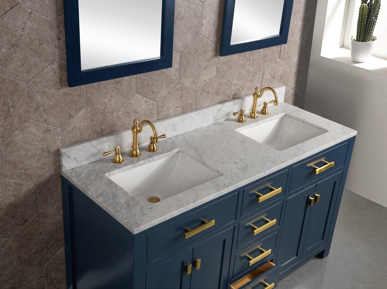 Madison 60-Inch Double Sink Carrara White Marble Vanity In Monarch BlueWith Matching Mirror(s) and F2-0012-06-TL Lavatory Faucet(s) Vanity Water Creation 
