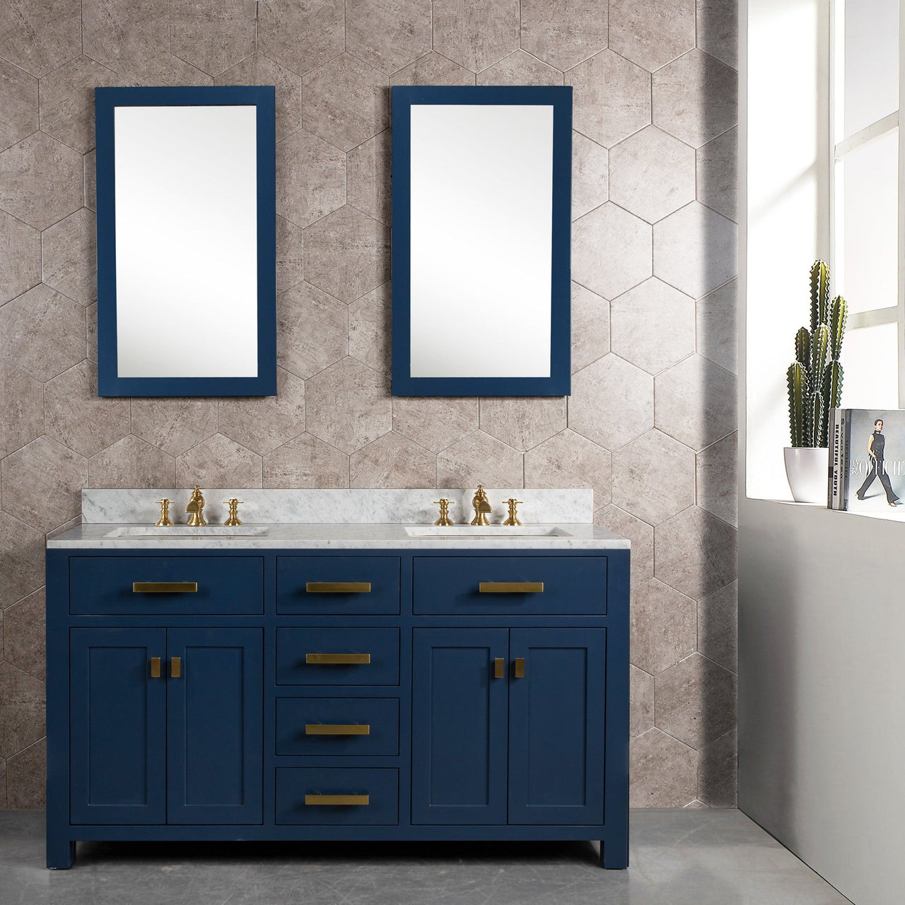 Madison 60-Inch Double Sink Carrara White Marble Vanity In Monarch BlueWith Matching Mirror(s) and F2-0013-06-FX Lavatory Faucet(s) Vanity Water Creation 