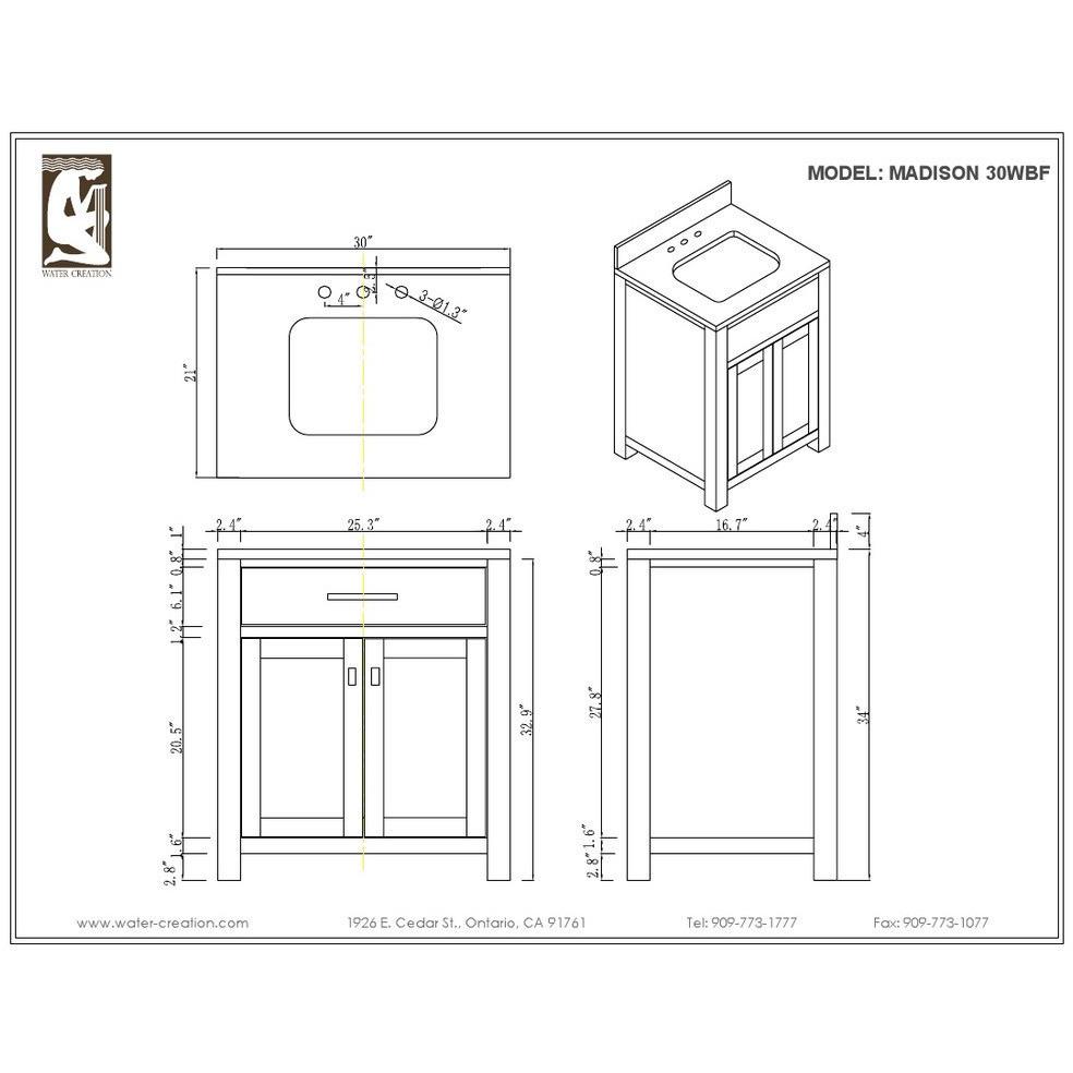 Madison 30" Solid White Single Sink Vanity With Framed Mirror And Faucet Vanity Water Creation 