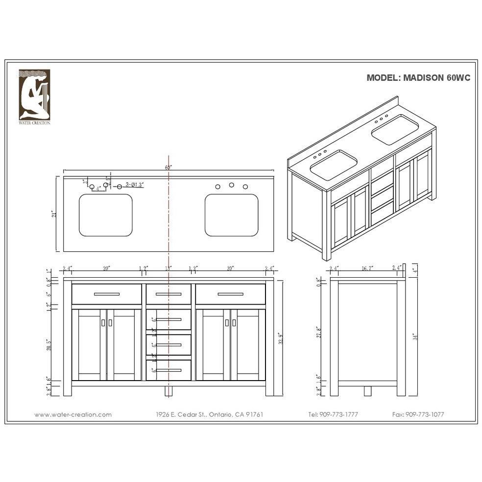 Madison 60" Solid White Double Sink Bathroom Vanity With 2 Framed Mirrors Vanity Water Creation 