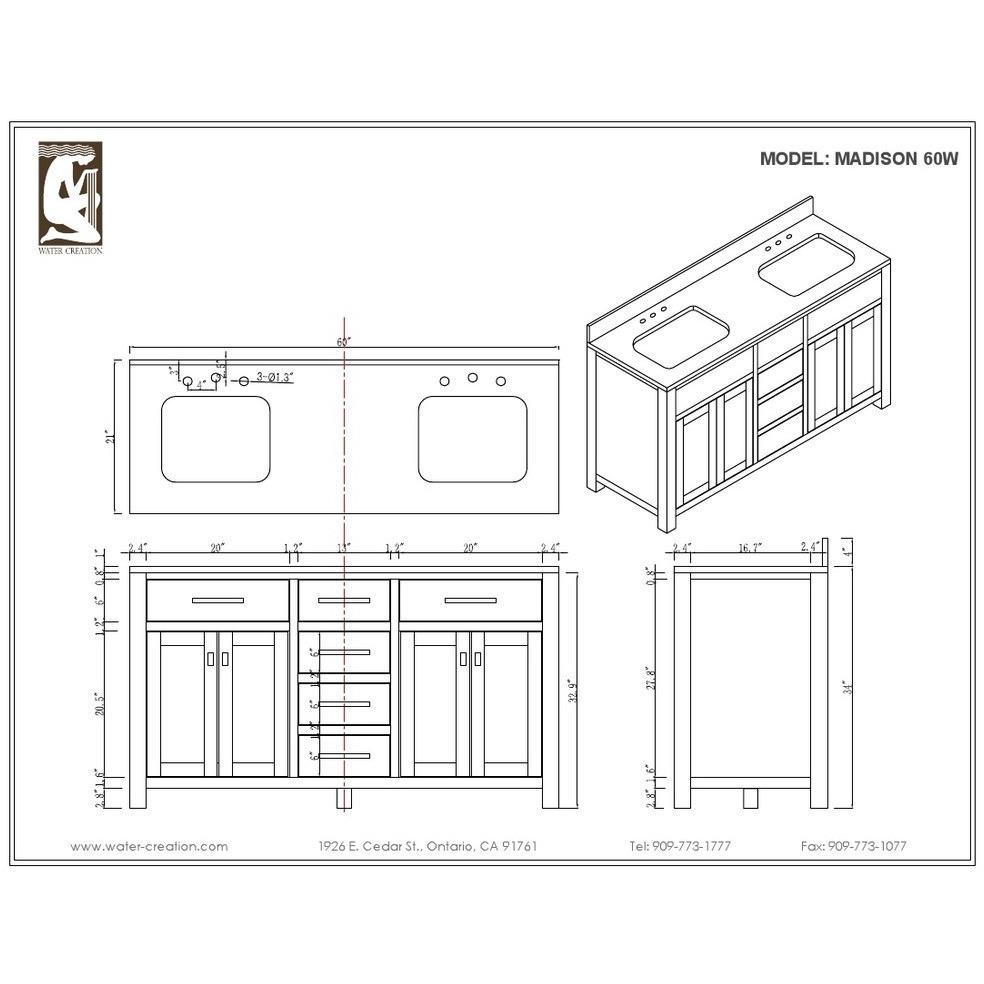 Madison 60" Solid White Double Sink Bathroom Vanity Only Vanity Water Creation 