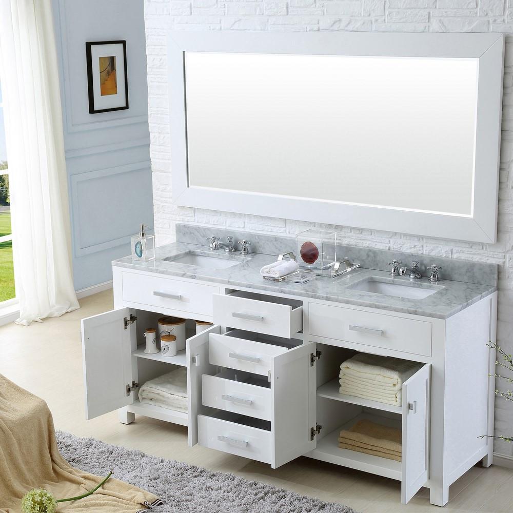 Madison 72" Solid White Double Sink Bathroom Vanity With Large Framed Mirror Vanity Water Creation 