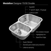 Thumbnail for Houzer Medallion Designer Series Undermount Stainless Steel 70/30 Double Bowl Kitchen Sink, Small Bowl Left Kitchen Sink - Undermount Houzer 