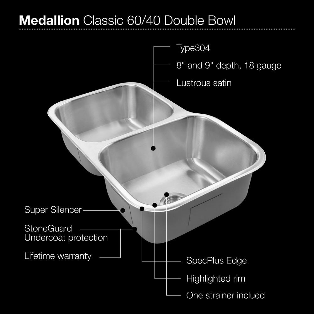 Houzer Medallion Classic Series Undermount Stainless Steel 60/40 Double Bowl Kitchen Sink, Small Bowl Left Kitchen Sink - Undermount Houzer 