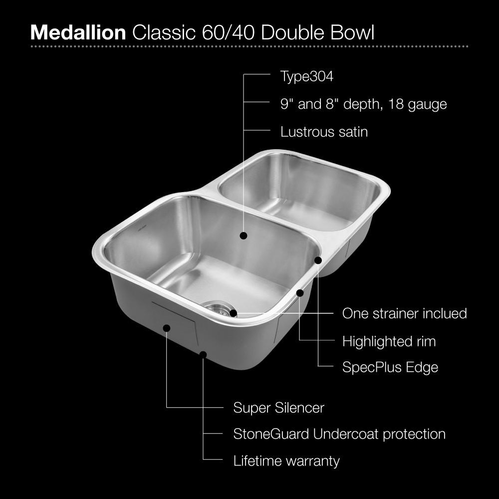 Houzer Medallion Classic Series Undermount Stainless Steel 60/40 Double Bowl Kitchen Sink, Small Bowl Right Kitchen Sink - Undermount Houzer 