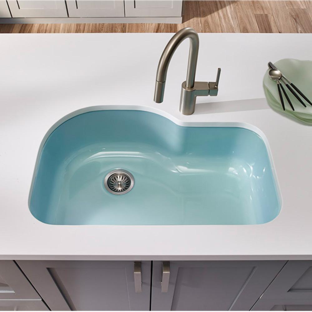 Houzer MT Porcela Series Porcelain Enamel Steel Undermount Offset Single Bowl Kitchen Sink, Mint Kitchen Sink - Undermount Houzer 