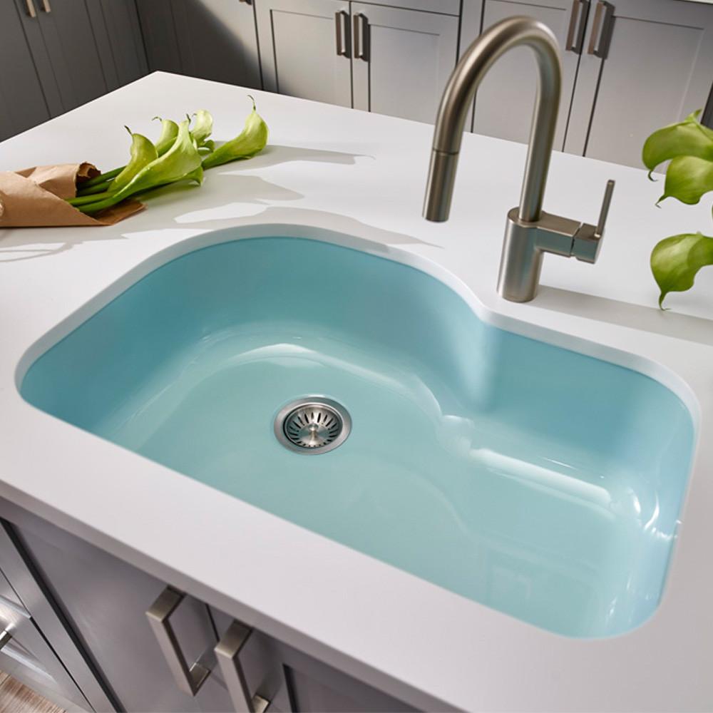Houzer MT Porcela Series Porcelain Enamel Steel Undermount Offset Single Bowl Kitchen Sink, Mint Kitchen Sink - Undermount Houzer 