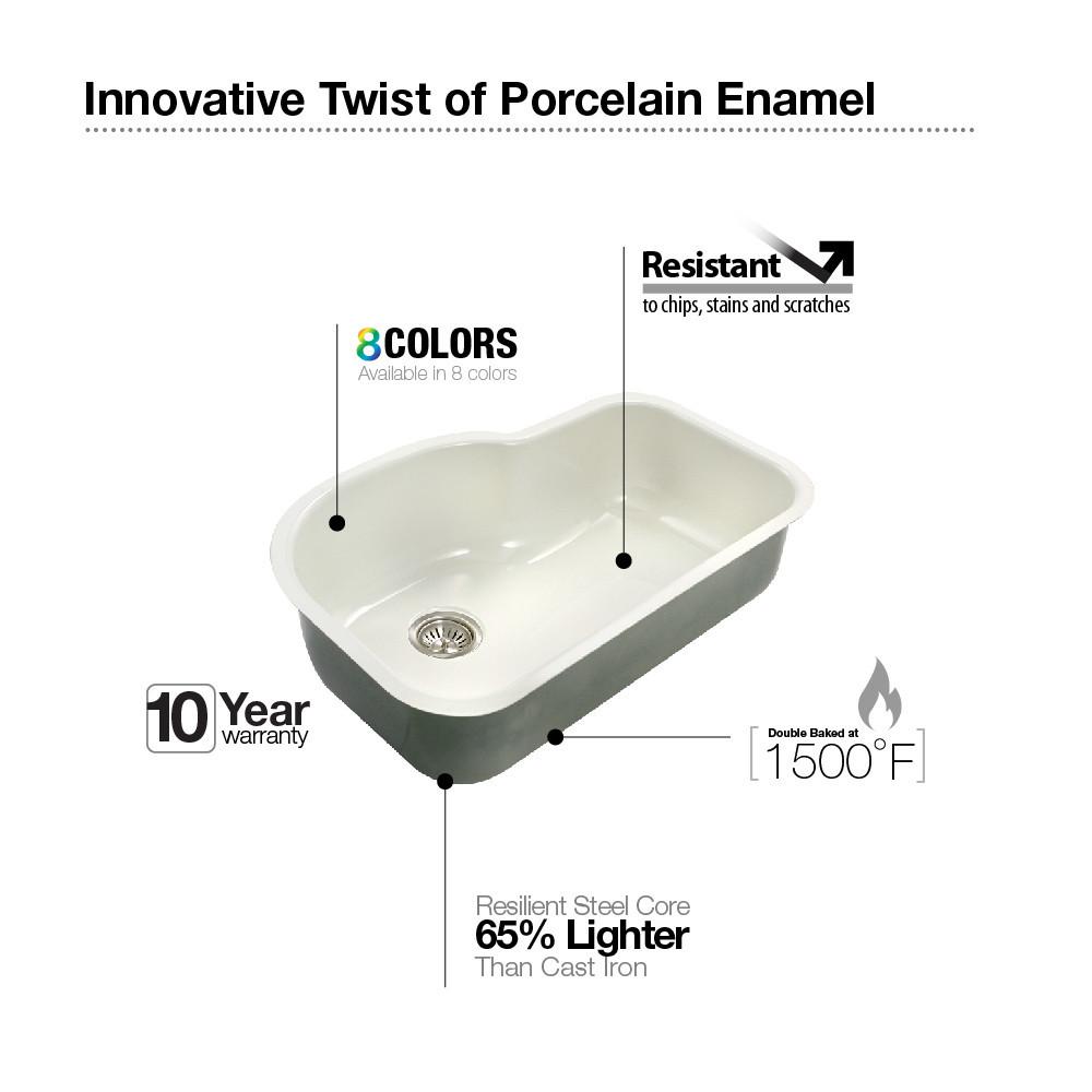 Houzer WH Porcela Series Porcelain Enamel Steel Undermount Offset Single Bowl Kitchen Sink, White Kitchen Sink - Undermount Houzer 
